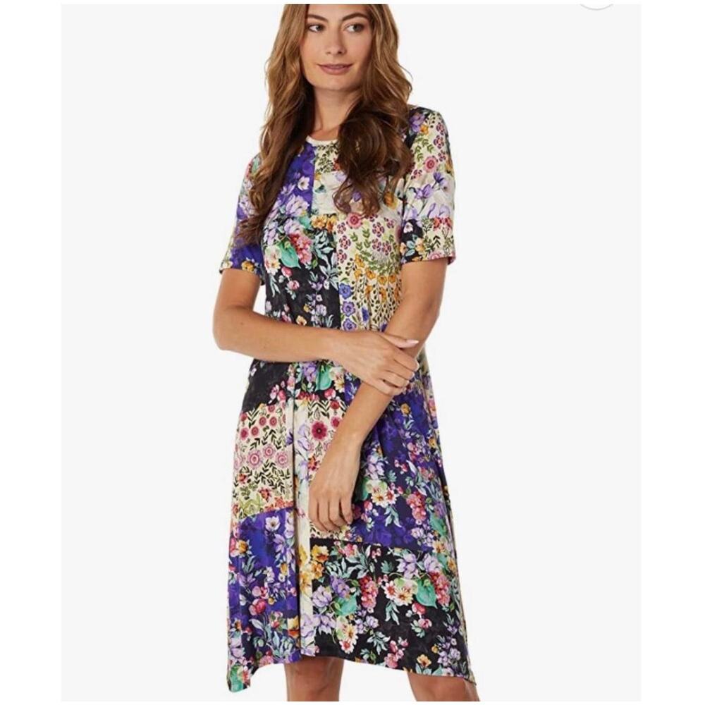 Johnny Was Sky Flower Patchwork Bohemian Short Sleeve Dress Sz XS
